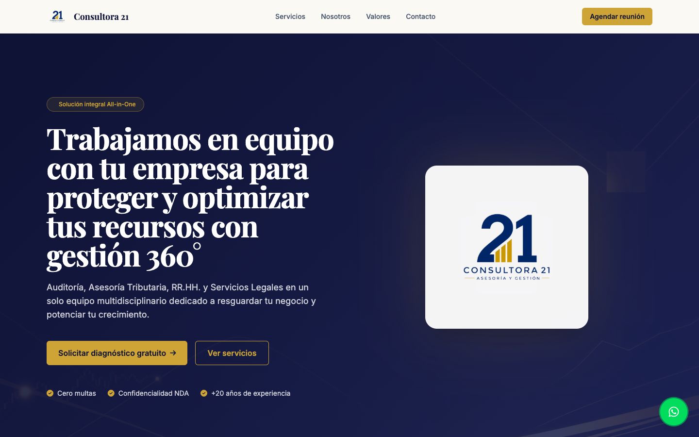 Portada del sitio web de Consultora 21