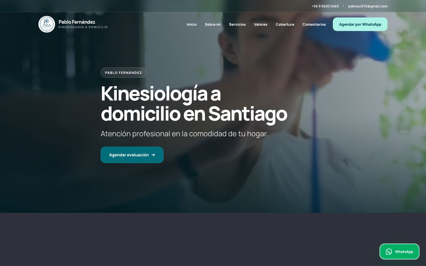 Portada del sitio web de Pablo Fernández, kinesiología a domicilio